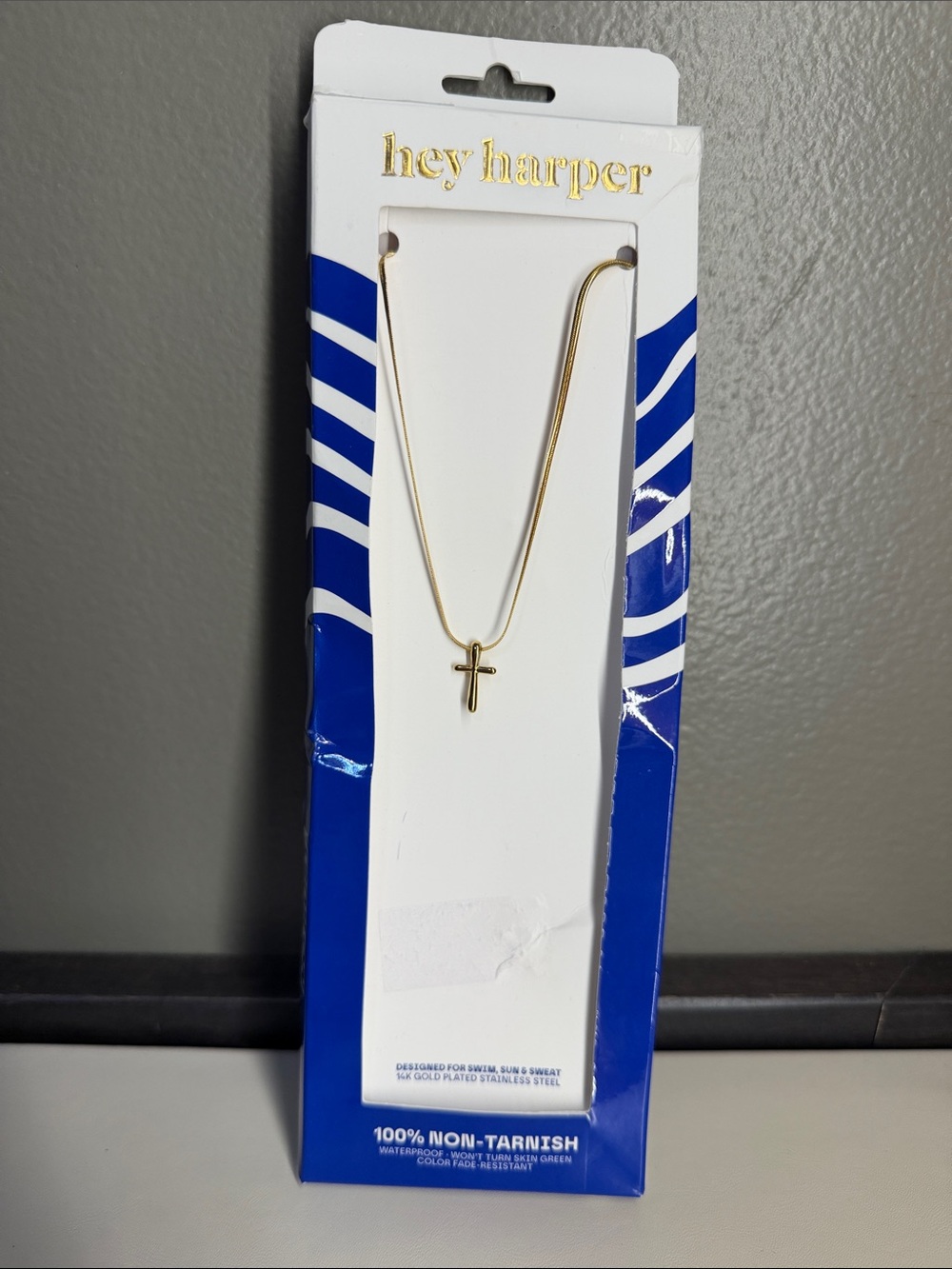 NWT Hey Harper Gold Cross Pendant Necklace Waterproof Non Tarnish 14k Plated